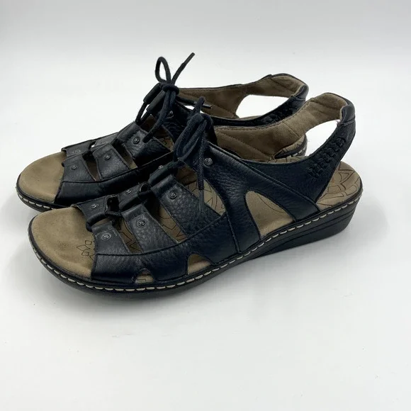 Taos Sandals Women 7 Black Ghilbert Leather Comfort Lace Up Outdoor Active Wedge - Picture 1 of 13
